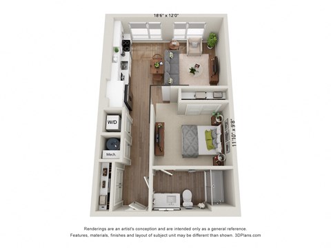 Floor plan for studio, 1 bath, 640 sqft